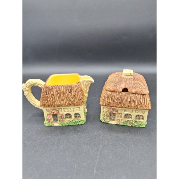 VINTAGE RON GORDON DESIGNS CERAMIC SUGAR BOWL & CREAMER, COTTAGE/ HOUSE-DESIGN - Picture 3 of 10
